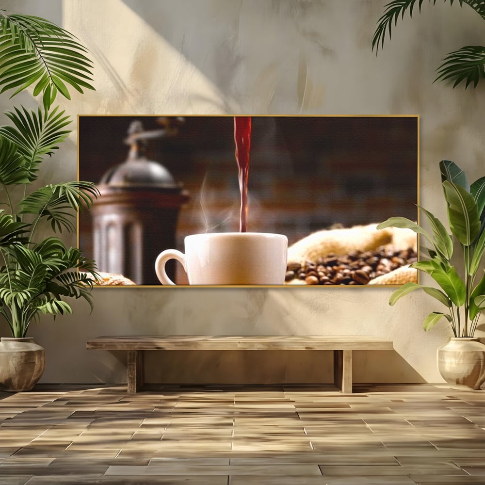 Tablou canvas cu tablou canvas cu ceasca de cafea si boabe, in rama de aluminiu auriu